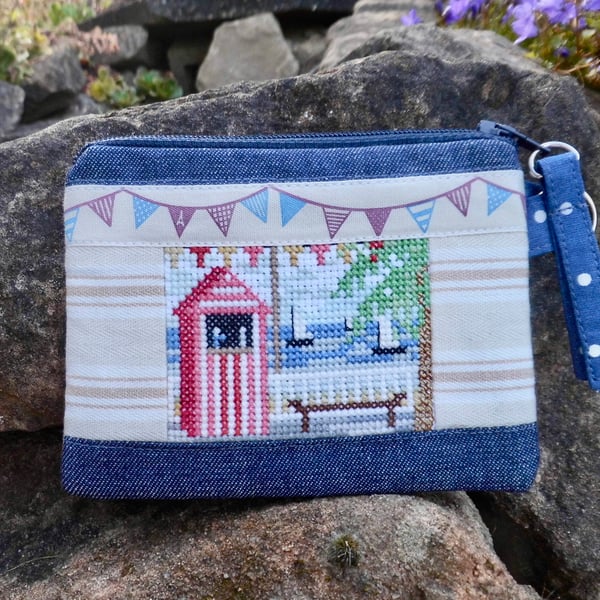 Coin purse with Punch and Judy seaside scene repurposed cross stitch