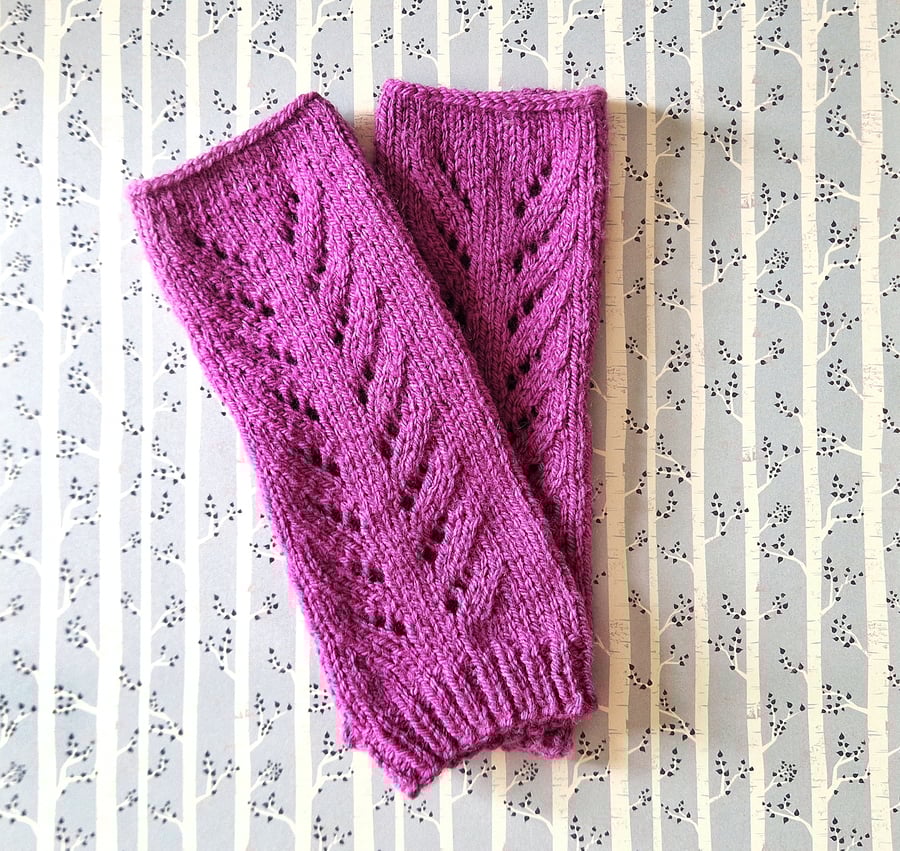 Hand Knitted Mauve Purple Lace Effect Wrist Warmers 