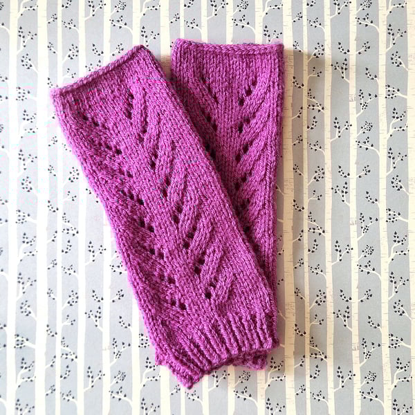 Hand Knitted Mauve Purple Lace Effect Wrist Warmers 