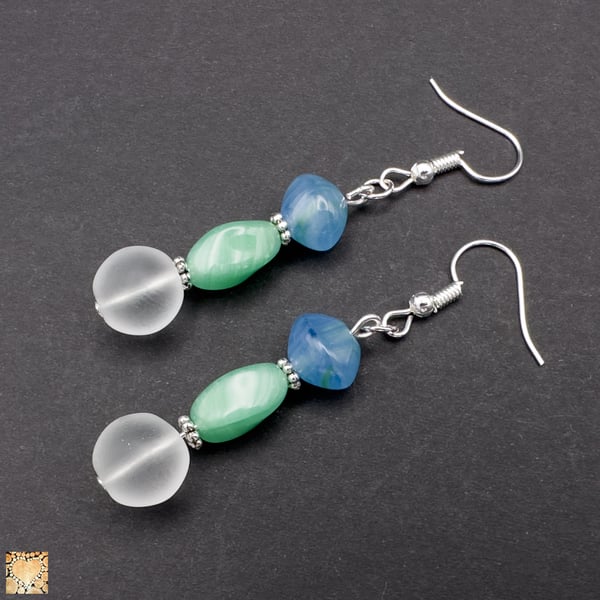 Handmade Earrings with Blue Green and Frosted Glass Beads