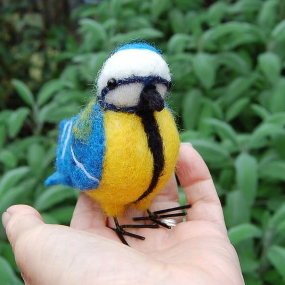 Needle Felt Bluetit - wool textile art - garden bird