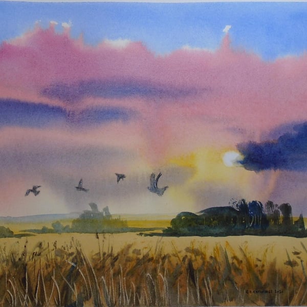 Wood pigeons over wheatfields (PURE ORIGINAL WATERCOLOUR) A4 size