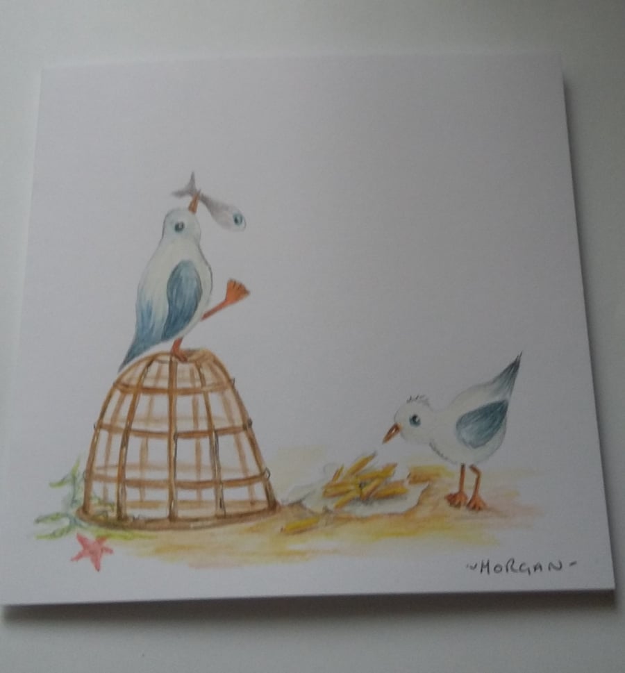 HAND PAINTED WATER COLOUR CARD SEAGULLS EATING OUT
