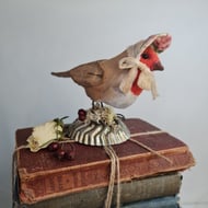 Handmade little robin with bonnet soft sculpture collectable