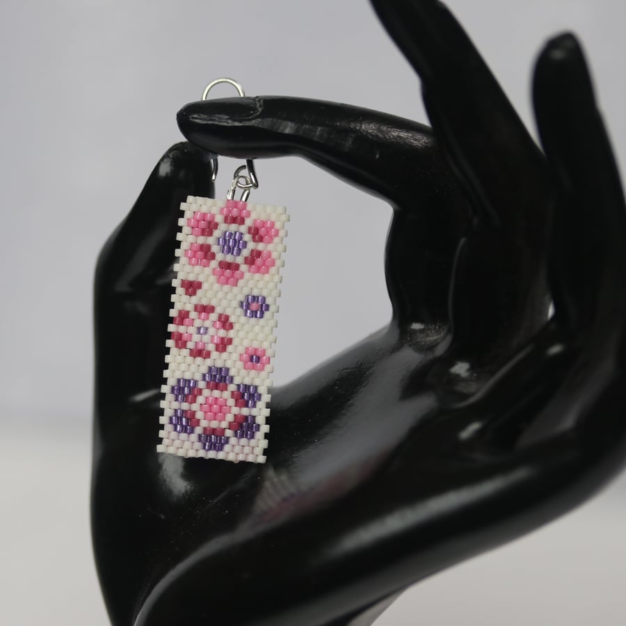 Rectangular Beaded Earrings Pink and Purple Flowers