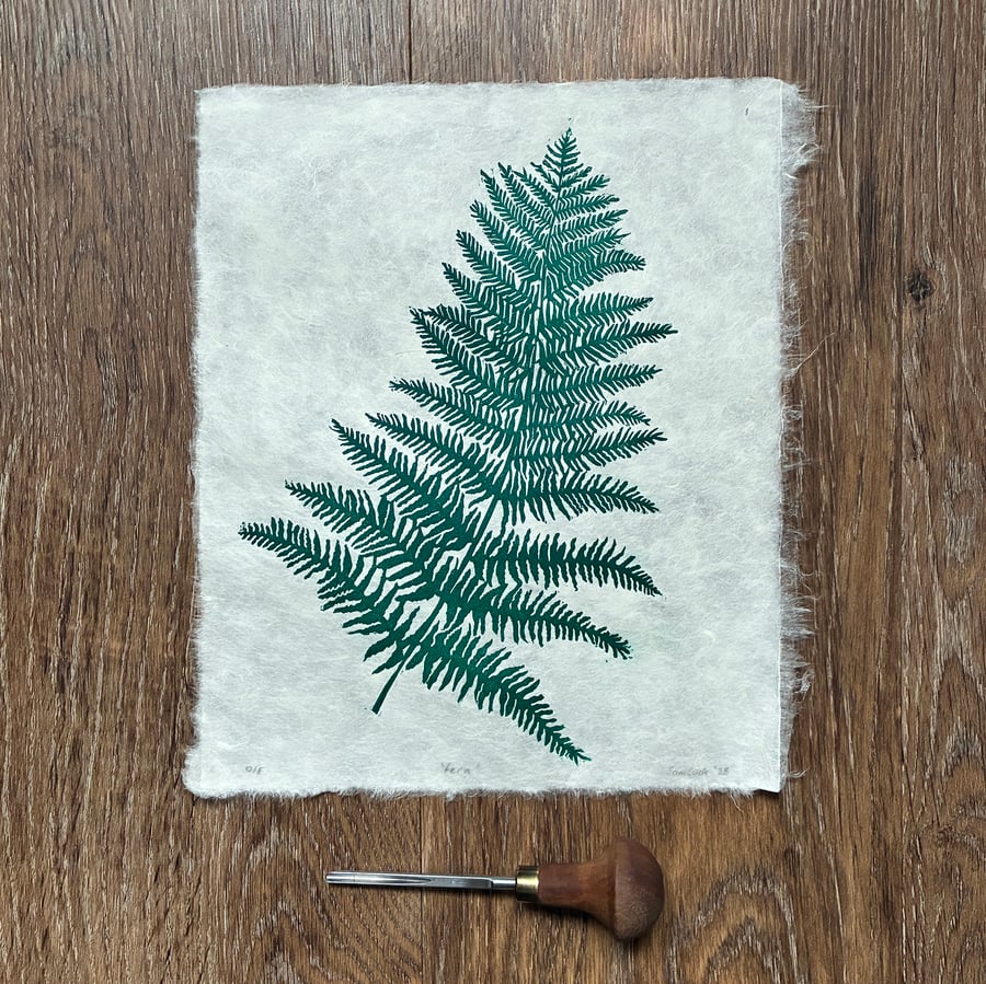 Forest green fern original linocut print