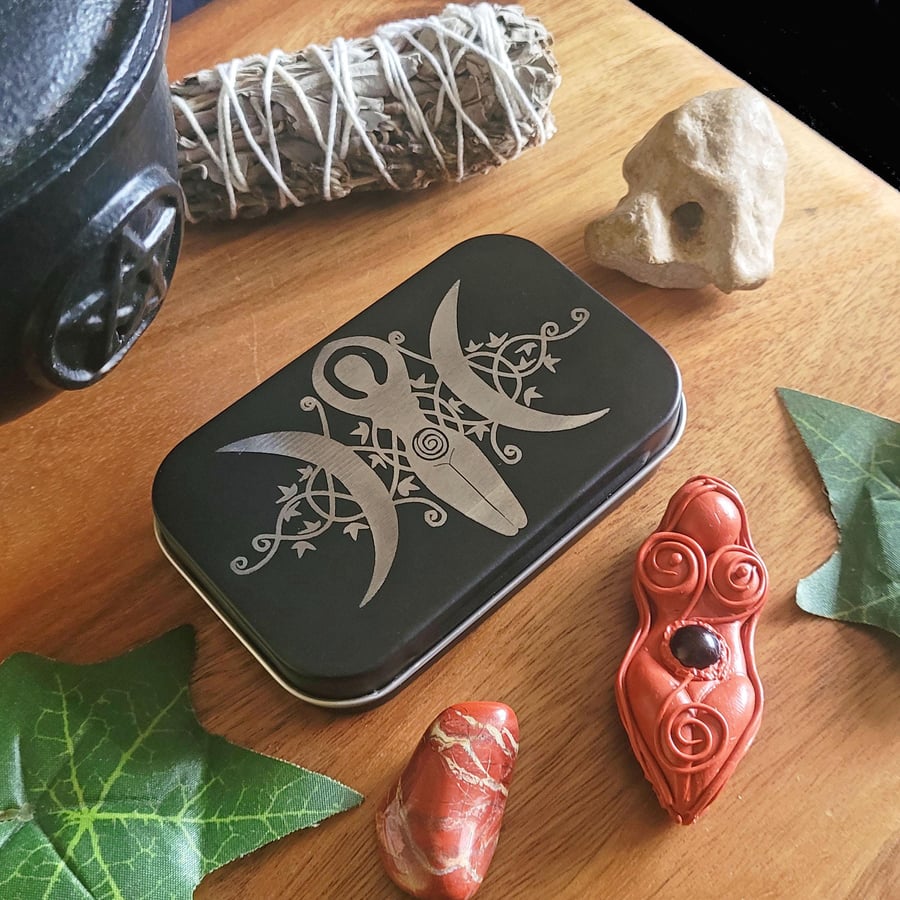 Triple Goddess Engraved Tin with Handmade Altar Goddess Travel Pagan Wicca Witch