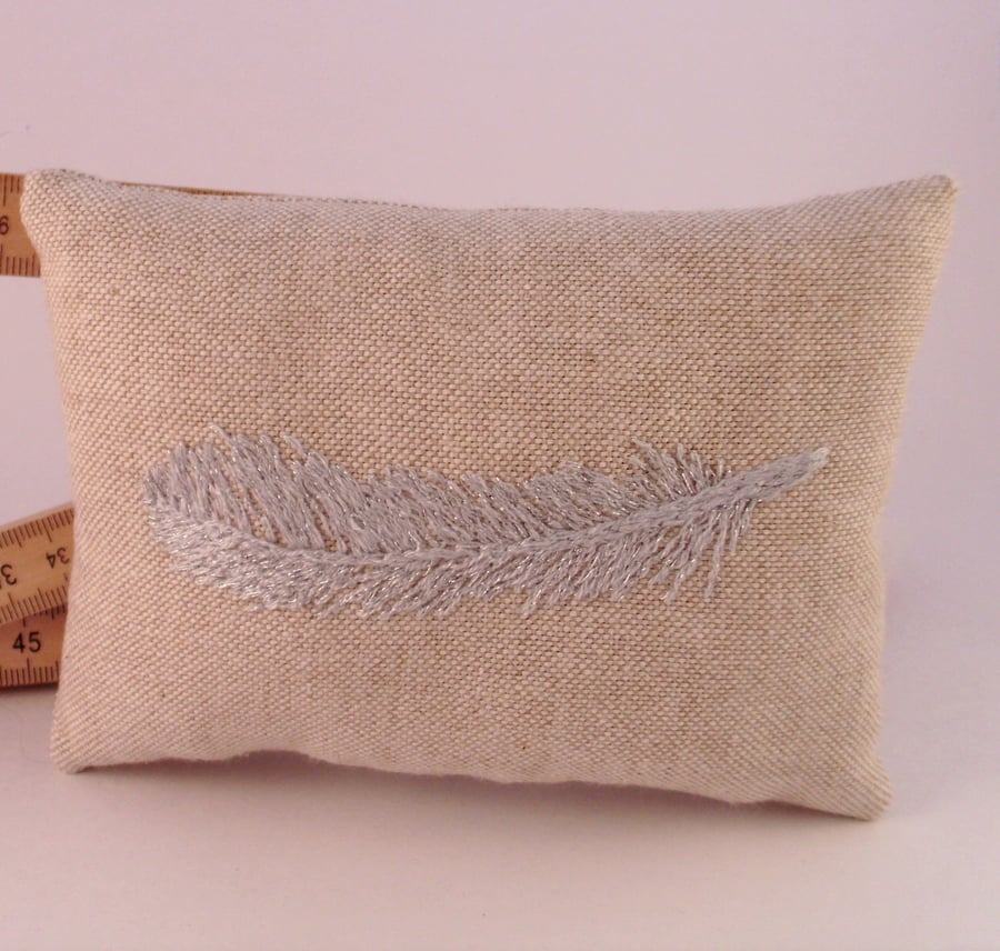 Pin cushion, embroidered pin cushion, pincushion, feathers, metalic embroidery