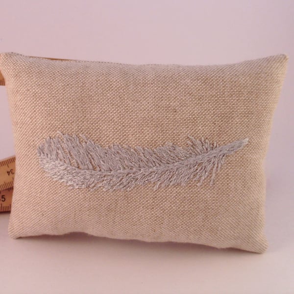 Pin cushion, embroidered pin cushion, pincushion, feathers, metalic embroidery