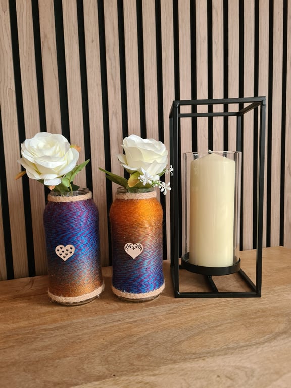 Handmade Ombre Yarn Wrapped Glass Jar Vases - Set of 2 - Rustic Heart Decor