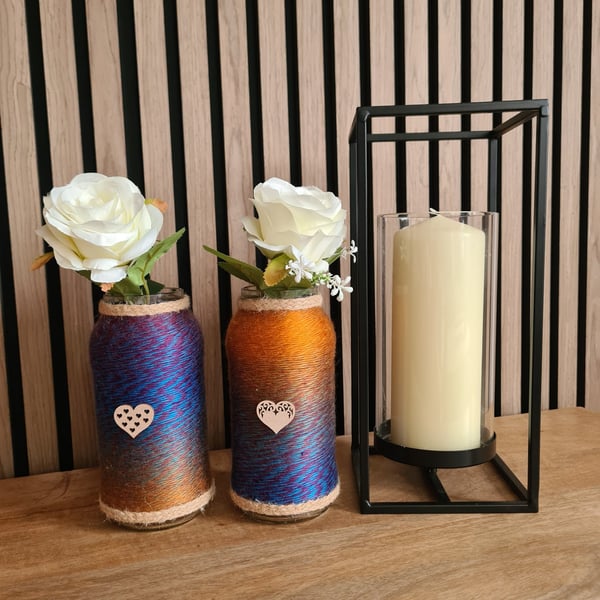 Handmade Ombre Yarn Wrapped Glass Jar Vases - Set of 2 - Rustic Heart Decor