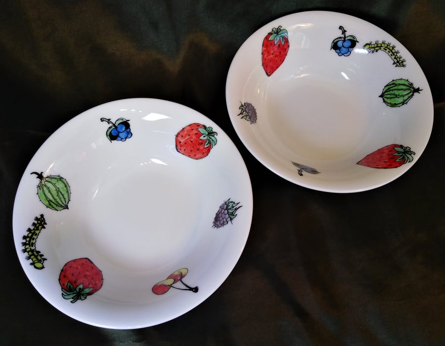 Two bone china pudding, cereal or dessert bowls or dishes, hand decorated with f