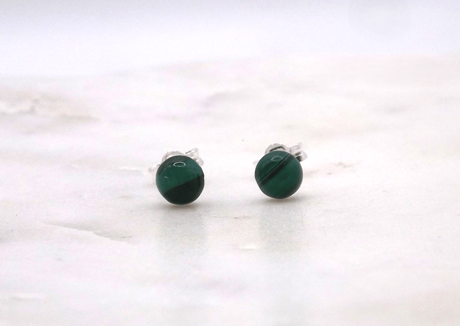 Malachite Round 5mm Cabochon Gemstone Sterling Silver Stud Earrings.