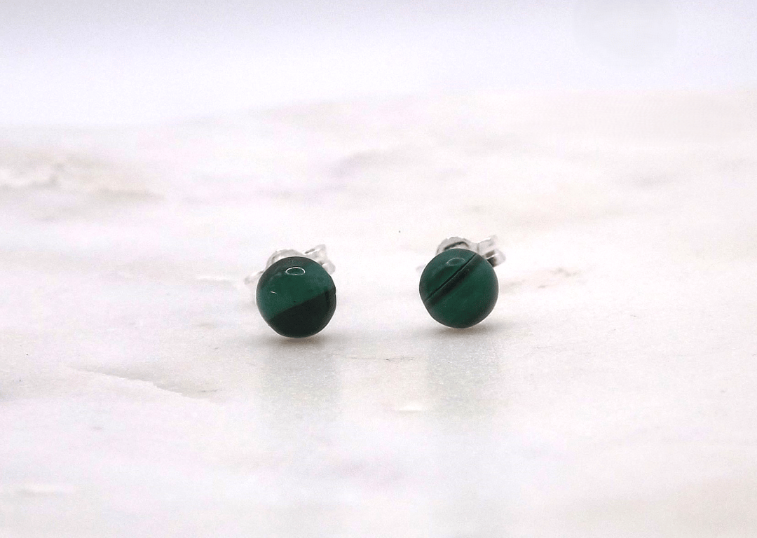 Malachite Round 5mm Cabochon Gemstone Sterling Silver Stud Earrings.