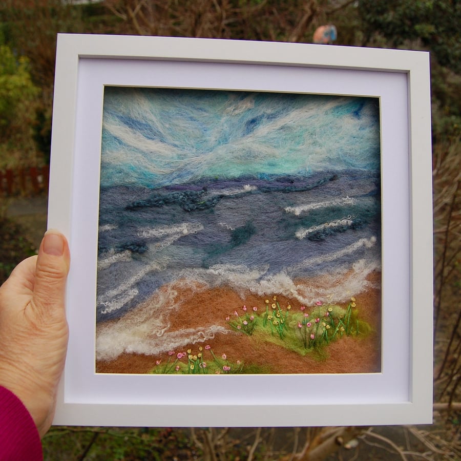 Needle felted and hand embroidered wool picture - Coastal scene 