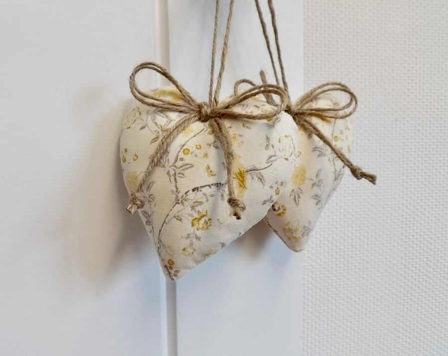 Pair heart decorations in Laura Ashley fabric yellow Summer Palace