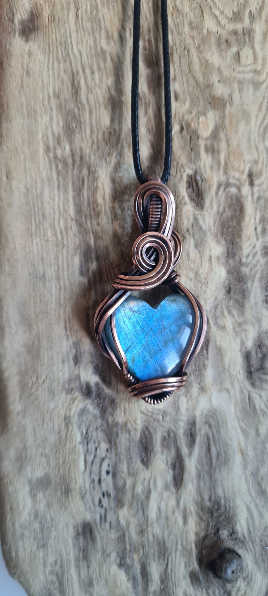Natural Blue Labradorite Crystal Heart & Copper Pendant Necklace Gift Jewellery