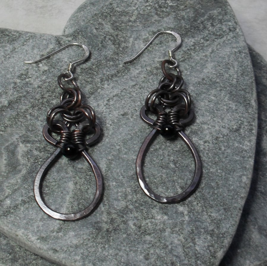 Copper Drop Earrings Vintage Style With Black Agate