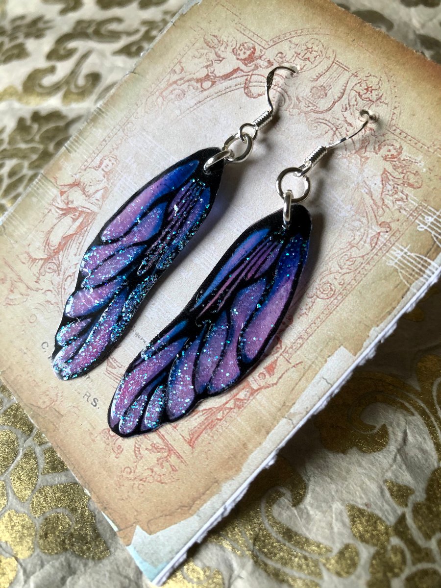 Purple and Black Frosted Fairy Wing Sterling Silver Earrings