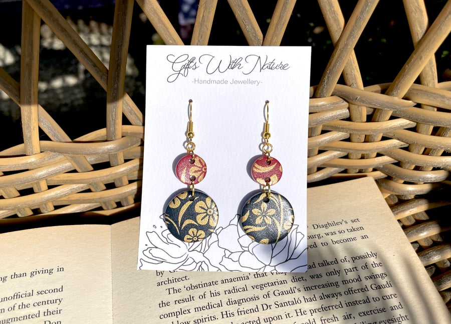 Handmade Red and Black Polymer Clay Dangle Earrings with Gold Floral Pattern 