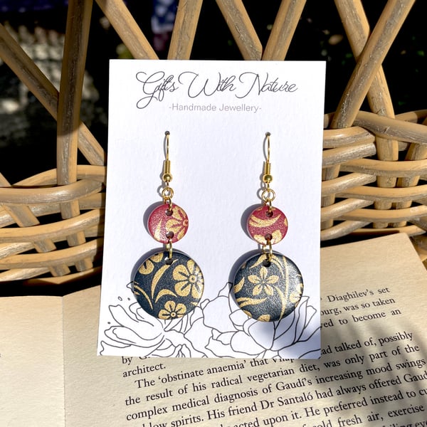 Handmade Red and Black Polymer Clay Dangle Earrings with Gold Floral Pattern 