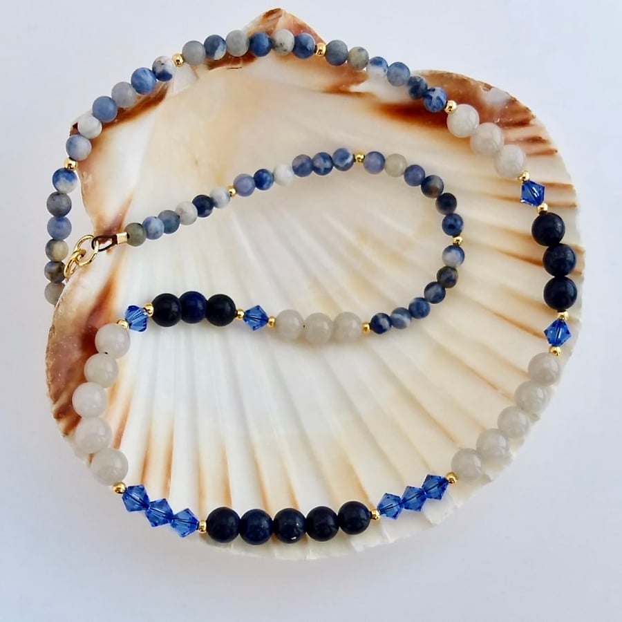 Lapis Lazuli, Swarovski "Sapphire" Crystal, Jade and Sodalite Necklace.