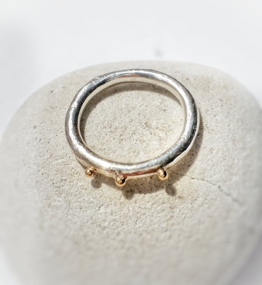 SALE Organic texture Silver and 9ct Gold Ring, Handmade in UK 