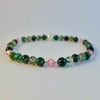 Moss Agate Bracelet, Pink Crystal & Silver Spacers, Birthday, Anniversary Gift