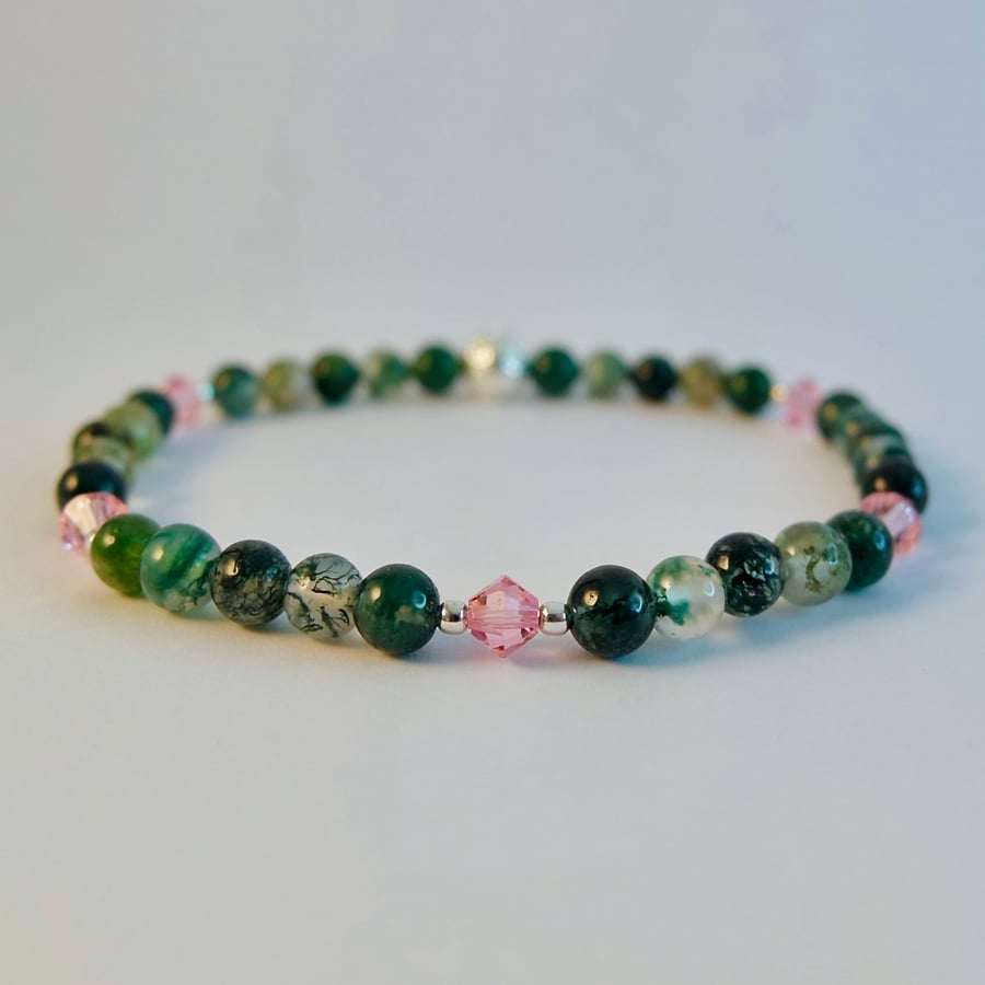 Moss Agate Bracelet, Pink Crystal & Silver Spacers, Birthday, Anniversary Gift