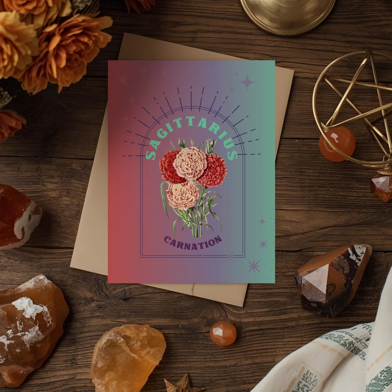 Sagittarius Zodiac Flower Card. Carnation. Birthday Card for Nov 22 – Dec 21