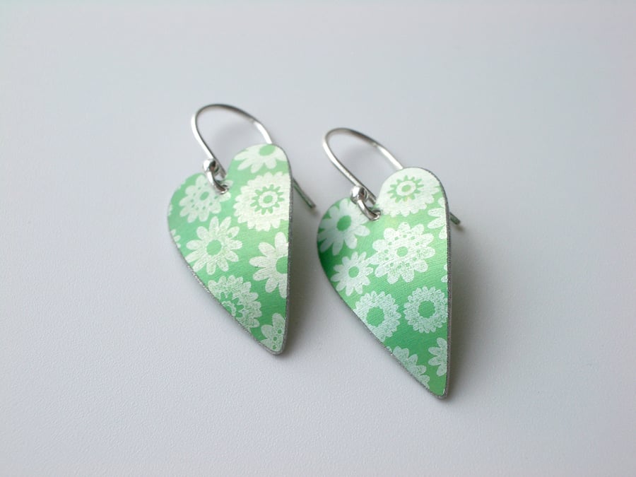 Heart earrings in bright green with flower print