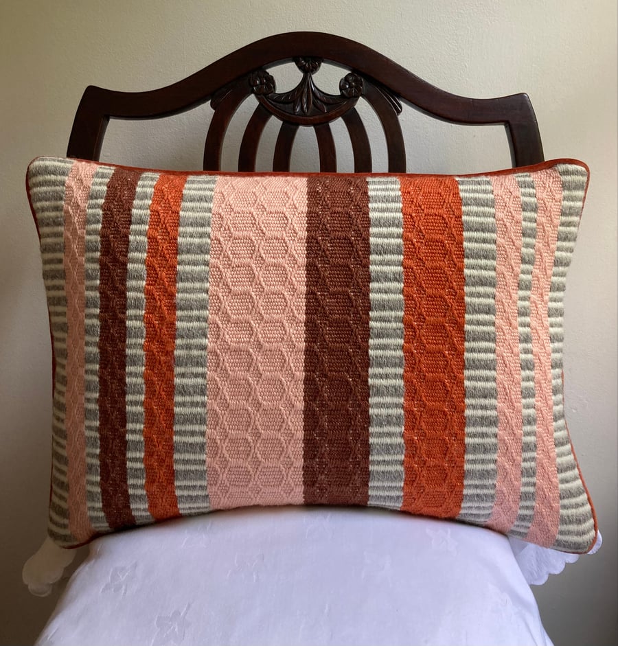 Patsy Cushion: Rust, Crocosmia & Tea Rose. Handwoven in Wales