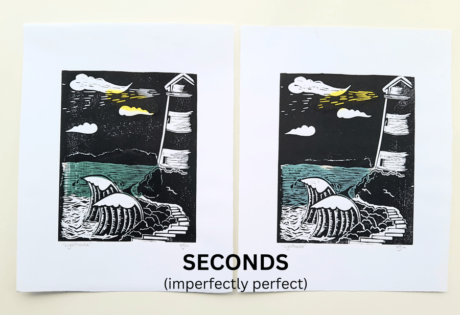 SECONDS Imperfect Handprinted Linoprint Lighthouse Linocut Print Sea