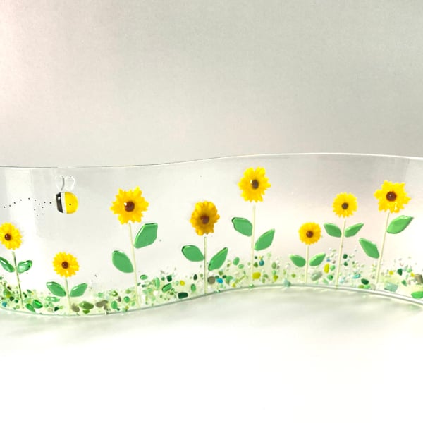Fused glass sunflowers stand up wave ornament