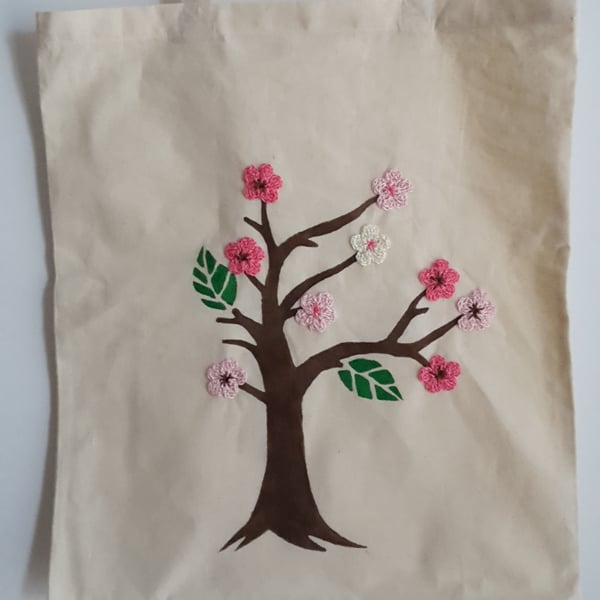 Crochet Cherry blossoms- tote bag- Summer Bag- Cotton Bag