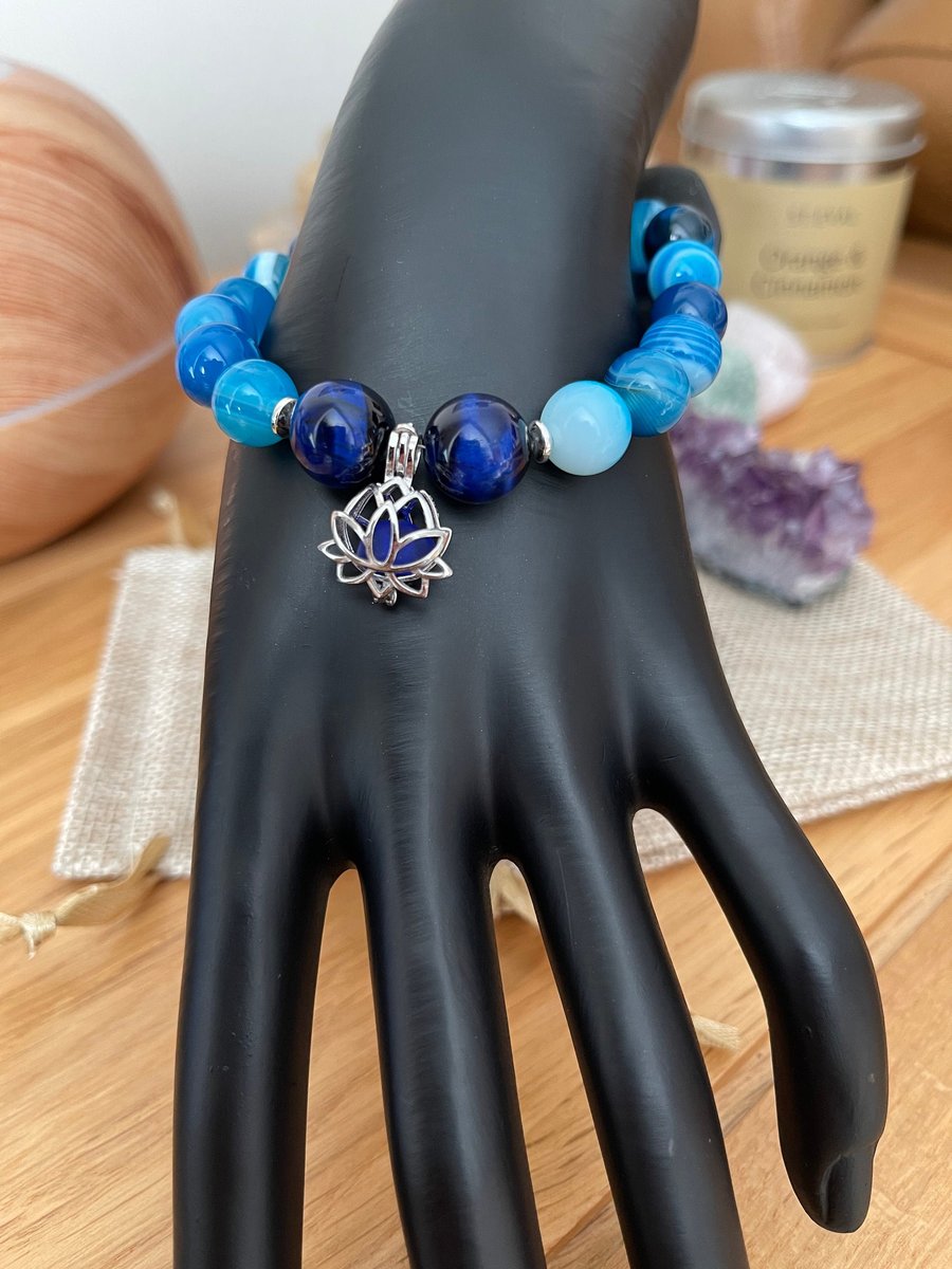 Blue Agate Bracelet with Sterling Silver lotus flower pendant 