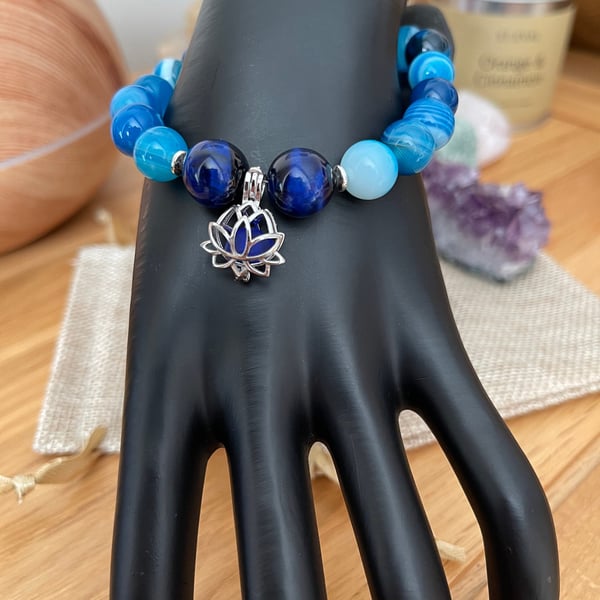 Blue Agate Bracelet with Sterling Silver lotus flower pendant 