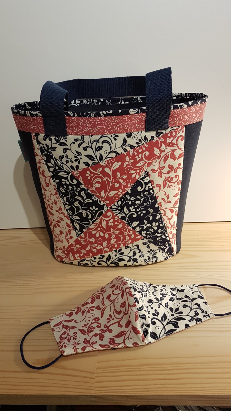 Tote Bag With Matching Face mask,Navy and Rose Flowers