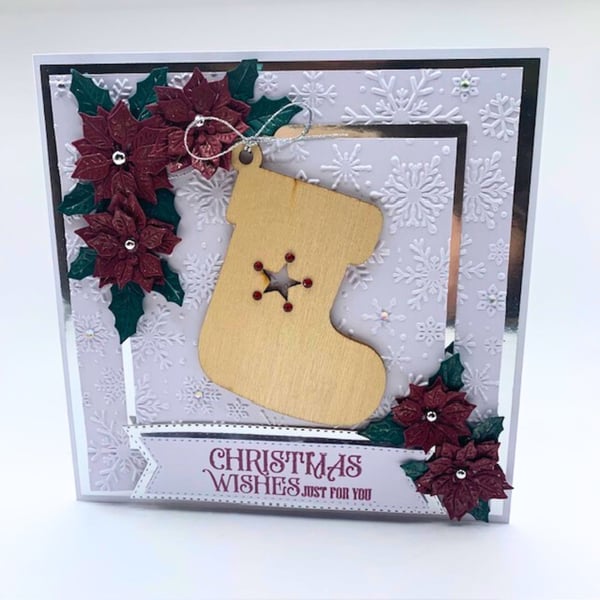 Luxury Handmade Christmas Card - Stocking & Poinsettias, Boxed Keepsake