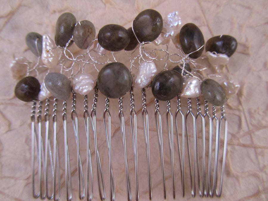 Grey Labradorite and White Pearl Hair Comb