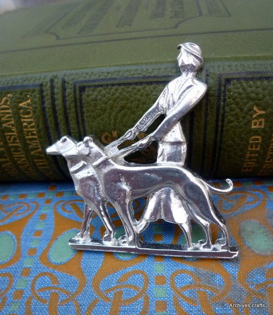 Art deco brooch, Lady walking dogs
