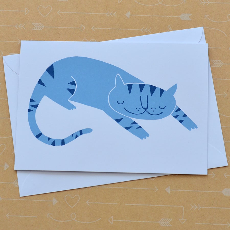 Sleeping Cat Hand Screen Printed Card