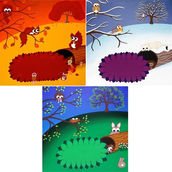 Seasonal Landscapes Set of 3 12" Prints - cute animals in autumn, winter, spring