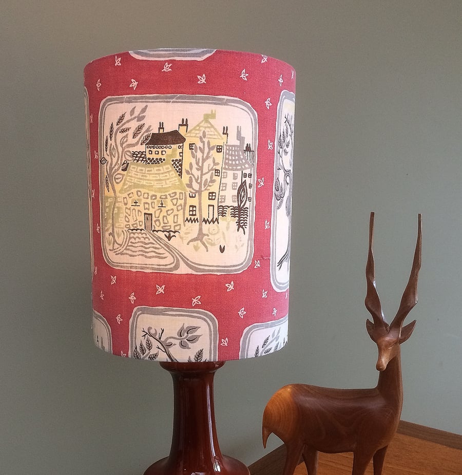 SALE FREE UK Post a RARE MCM Mid Century Pictoral PINK Vintage Fabric Lampshade