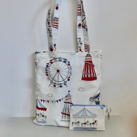 Tote bag with clip-in purse funfair fairground scene with long handles 