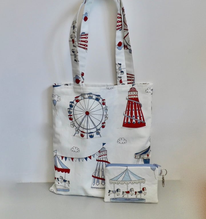 Tote bag with clip-in purse funfair fairground scene with long handles 