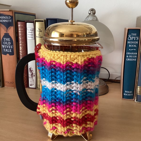 HAND KNITTED CAFETIERE COSY FOR A 1 LITRE POT IN MULTICOLOURED YARN