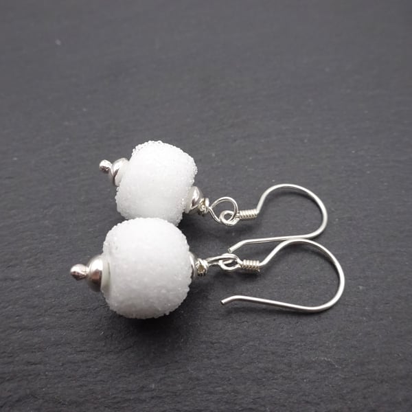 white sugar lampwork glass earrings