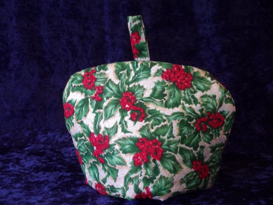 Small Christmas Tea Cosy with Holly and sparkle