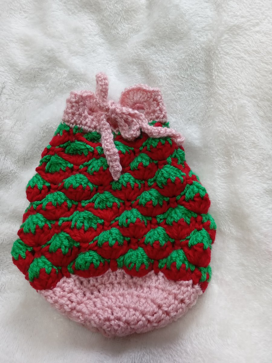 strawberry crochet pouch drawstring bag